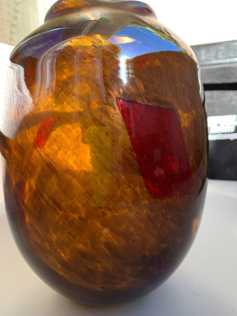Large Hand Blown Art Glass Vase Iridescent Finish Contemporary 10" High